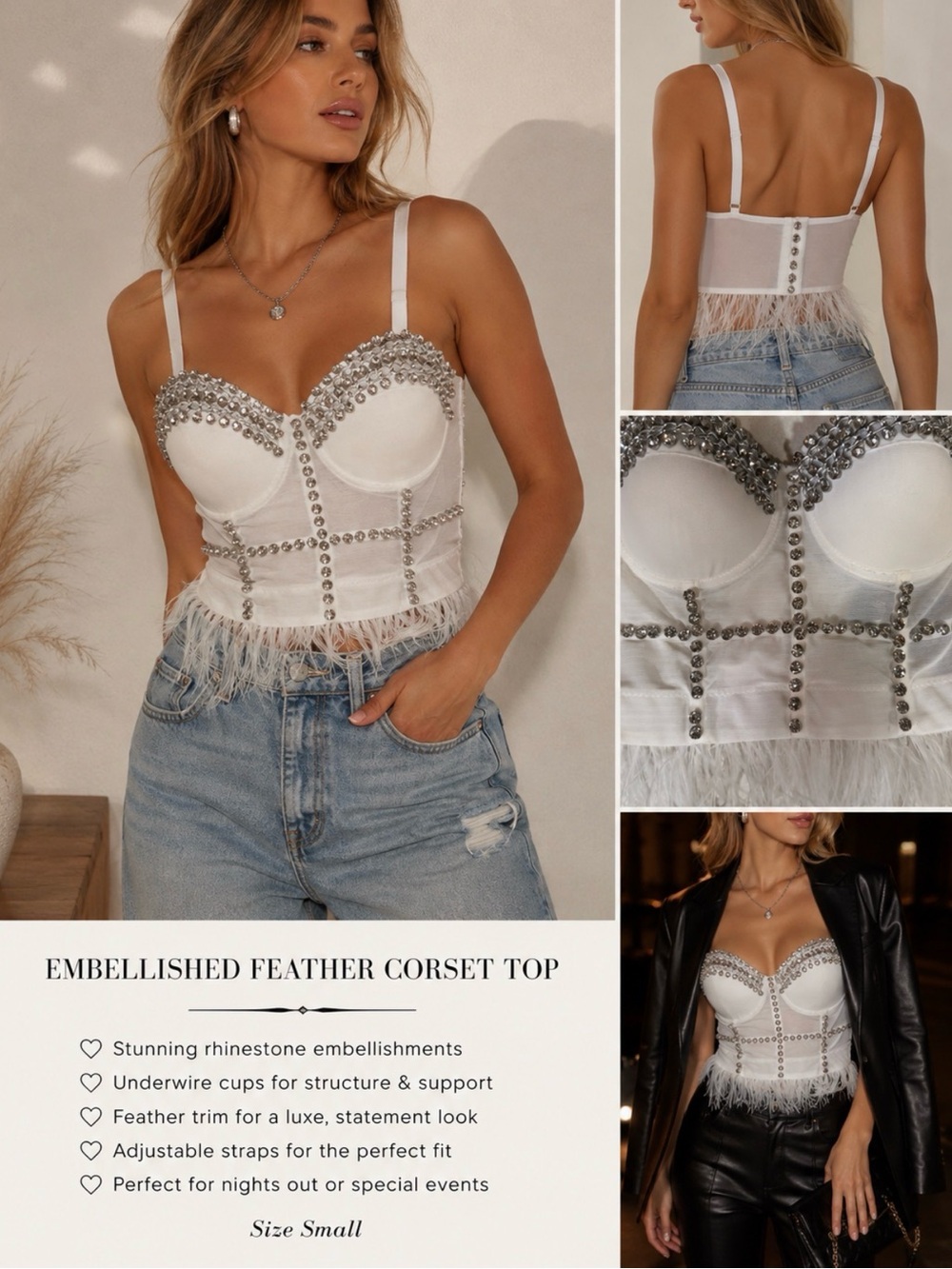 Embellished Feather Corset Top — White with Rhinestones size 34C
